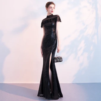 Scintillantes Noire Paillettes Robe De Soirée 2018 Trompette Sirène Transparentes Col Haut Manches Courtes Fendue Devant Longue Robe De Ceremonie