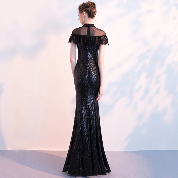 Scintillantes Noire Paillettes Robe De Soirée 2018 Trompette / Sirène Transparentes Col Haut Manches Courtes Fendue devant Longue Robe De Ceremonie