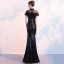 Scintillantes Noire Paillettes Robe De Soirée 2018 Trompette / Sirène Transparentes Col Haut Manches Courtes Fendue devant Longue Robe De Ceremonie