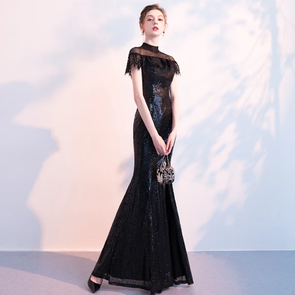 Scintillantes Noire Paillettes Robe De Soirée 2018 Trompette / Sirène Transparentes Col Haut Manches Courtes Fendue devant Longue Robe De Ceremonie