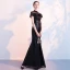 Scintillantes Noire Paillettes Robe De Soirée 2018 Trompette / Sirène Transparentes Col Haut Manches Courtes Fendue devant Longue Robe De Ceremonie