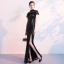 Scintillantes Noire Paillettes Robe De Soirée 2018 Trompette / Sirène Transparentes Col Haut Manches Courtes Fendue devant Longue Robe De Ceremonie