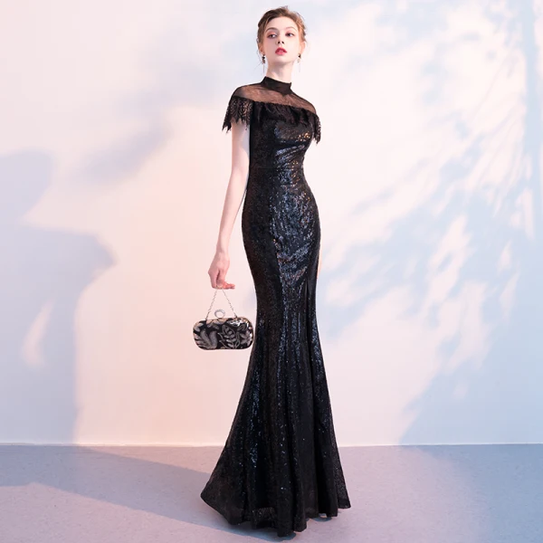 Scintillantes Noire Paillettes Robe De Soirée 2018 Trompette / Sirène Transparentes Col Haut Manches Courtes Fendue devant Longue Robe De Ceremonie