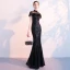 Scintillantes Noire Paillettes Robe De Soirée 2018 Trompette / Sirène Transparentes Col Haut Manches Courtes Fendue devant Longue Robe De Ceremonie