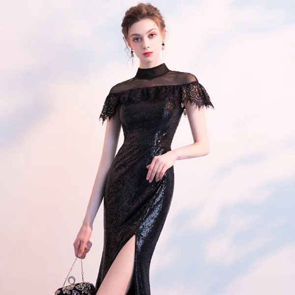 Scintillantes Noire Paillettes Robe De Soirée 2018 Trompette / Sirène Transparentes Col Haut Manches Courtes Fendue devant Longue Robe De Ceremonie