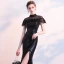 Scintillantes Noire Paillettes Robe De Soirée 2018 Trompette / Sirène Transparentes Col Haut Manches Courtes Fendue devant Longue Robe De Ceremonie