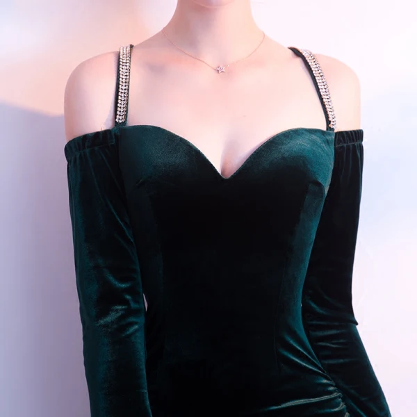 Sexy Dark Green Suede Evening Dresses 2017 Trumpet / Mermaid Spaghetti Straps Strapless Long Sleeve Floor-Length / Long Backless Formal Dresses
