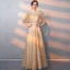 Bling Bling Gold Evening Dresses  2018 A-Line / Princess V-Neck 1/2 Sleeves Sash Glitter Tulle Floor-Length / Long Ruffle Backless Formal Dresses