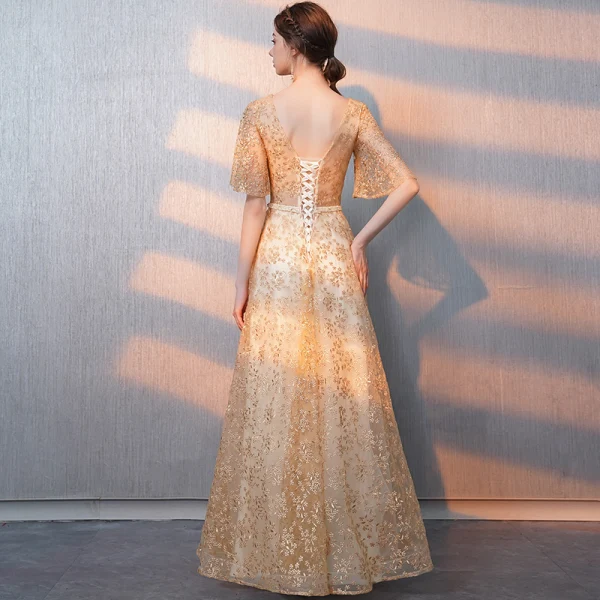 Bling Bling Gold Evening Dresses  2018 A-Line / Princess V-Neck 1/2 Sleeves Sash Glitter Tulle Floor-Length / Long Ruffle Backless Formal Dresses