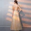 Bling Bling Gold Evening Dresses  2018 A-Line / Princess V-Neck 1/2 Sleeves Sash Glitter Tulle Floor-Length / Long Ruffle Backless Formal Dresses