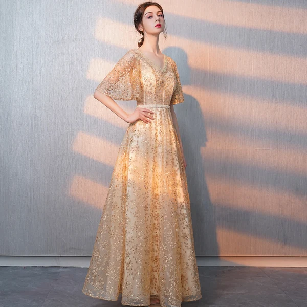 Bling Bling Gold Evening Dresses  2018 A-Line / Princess V-Neck 1/2 Sleeves Sash Glitter Tulle Floor-Length / Long Ruffle Backless Formal Dresses