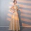 Bling Bling Gold Evening Dresses  2018 A-Line / Princess V-Neck 1/2 Sleeves Sash Glitter Tulle Floor-Length / Long Ruffle Backless Formal Dresses