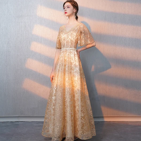 Bling Bling Gold Evening Dresses  2018 A-Line / Princess V-Neck 1/2 Sleeves Sash Glitter Tulle Floor-Length / Long Ruffle Backless Formal Dresses