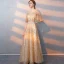 Bling Bling Gold Evening Dresses  2018 A-Line / Princess V-Neck 1/2 Sleeves Sash Glitter Tulle Floor-Length / Long Ruffle Backless Formal Dresses