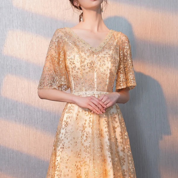 Bling Bling Gold Evening Dresses  2018 A-Line / Princess V-Neck 1/2 Sleeves Sash Glitter Tulle Floor-Length / Long Ruffle Backless Formal Dresses
