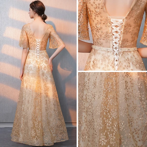 Bling Bling Gold Evening Dresses  2018 A-Line / Princess V-Neck 1/2 Sleeves Sash Glitter Tulle Floor-Length / Long Ruffle Backless Formal Dresses