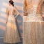 Bling Bling Gold Evening Dresses  2018 A-Line / Princess V-Neck 1/2 Sleeves Sash Glitter Tulle Floor-Length / Long Ruffle Backless Formal Dresses