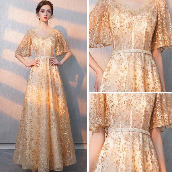 Bling Bling Gold Evening Dresses  2018 A-Line / Princess V-Neck 1/2 Sleeves Sash Glitter Tulle Floor-Length / Long Ruffle Backless Formal Dresses