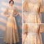 Bling Bling Gold Evening Dresses  2018 A-Line / Princess V-Neck 1/2 Sleeves Sash Glitter Tulle Floor-Length / Long Ruffle Backless Formal Dresses