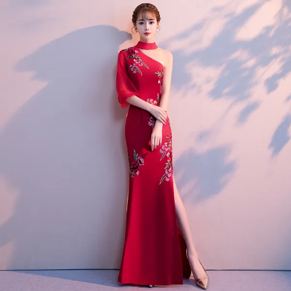 Chinese style Burgundy Evening Dresses  2018 Trumpet / Mermaid High Neck 3/4 Sleeve Embroidered Split Front Floor-Length / Long Backless Formal Dresses