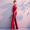 Chinese style Burgundy Evening Dresses  2018 Trumpet / Mermaid High Neck 3/4 Sleeve Embroidered Split Front Floor-Length / Long Backless Formal Dresses