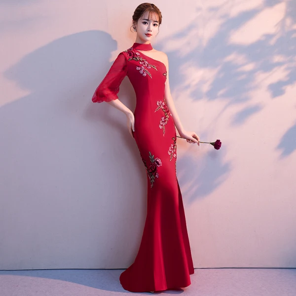 Chinese style Burgundy Evening Dresses 2018 Trumpet / Mermaid High Neck 3/4 Sleeve Embroidered Split Front Floor-Length / Long Backless Formal Dresses