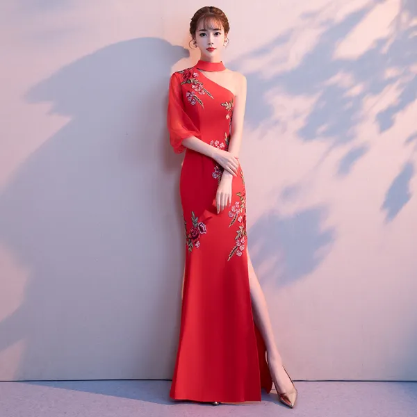 Chinese style Burgundy Evening Dresses 2018 Trumpet / Mermaid High Neck 3/4 Sleeve Embroidered Split Front Floor-Length / Long Backless Formal Dresses