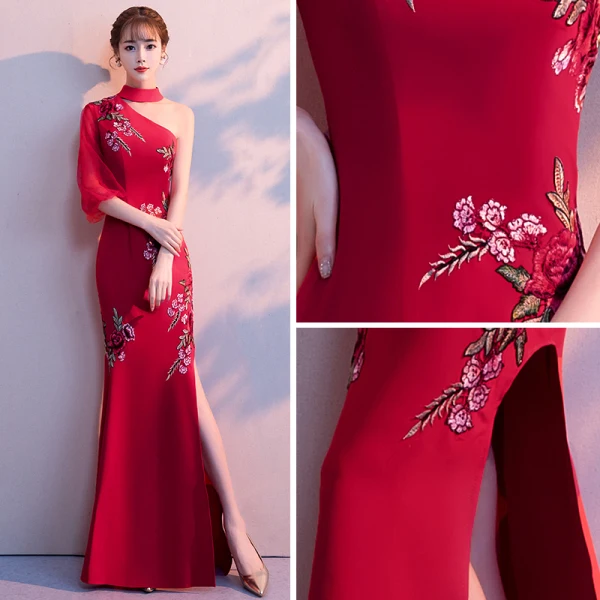 Chinese style Burgundy Evening Dresses 2018 Trumpet / Mermaid High Neck 3/4 Sleeve Embroidered Split Front Floor-Length / Long Backless Formal Dresses