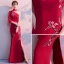 Chinese style Burgundy Evening Dresses  2018 Trumpet / Mermaid High Neck 3/4 Sleeve Embroidered Split Front Floor-Length / Long Backless Formal Dresses