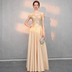 Élégant Doré Robe De Soirée 2018 Princesse De L Épaule Manches Courtes Perlage Longue Volants Dos Nu Robe De Ceremonie