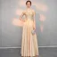 Elegant Gold Evening Dresses  2018 A-Line / Princess Off-The-Shoulder Short Sleeve Beading Floor-Length / Long Ruffle Backless Formal Dresses