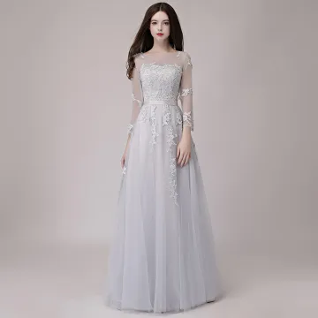 Abordable Gris Transparentes Robe De Bal 2018 Princesse Encolure Dégagée Manches Longues Appliques En Dentelle Ceinture Longue Volants Dos Nu Robe De Ceremonie