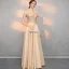 Elegant Gold Evening Dresses  2018 A-Line / Princess Off-The-Shoulder Short Sleeve Beading Floor-Length / Long Ruffle Backless Formal Dresses