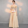 Elegant Gold Evening Dresses  2018 A-Line / Princess Off-The-Shoulder Short Sleeve Beading Floor-Length / Long Ruffle Backless Formal Dresses