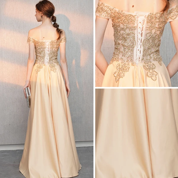 Elegant Gold Evening Dresses  2018 A-Line / Princess Off-The-Shoulder Short Sleeve Beading Floor-Length / Long Ruffle Backless Formal Dresses
