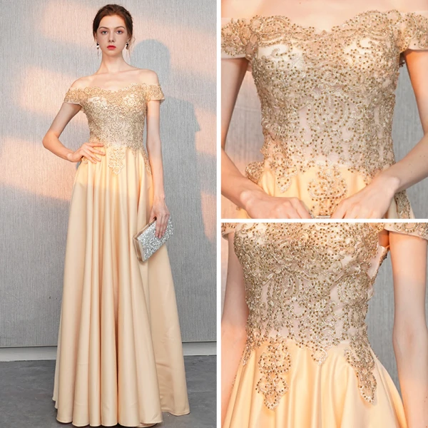 Elegant Gold Evening Dresses  2018 A-Line / Princess Off-The-Shoulder Short Sleeve Beading Floor-Length / Long Ruffle Backless Formal Dresses