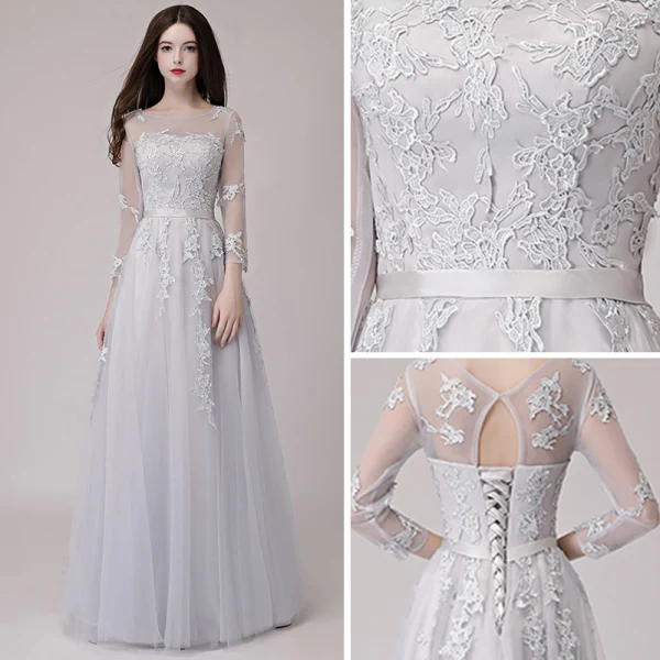 Abordable Gris Transparentes Robe De Bal 2018 Princesse Encolure Dégagée Manches Longues Appliques En Dentelle Ceinture Longue Volants Dos Nu Robe De Ceremonie