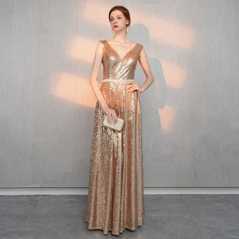 Scintillantes Doré Paillettes Robe De Soirée 2018 Princesse V Cou Sans Manches Perlage Ceinture Longue Volants Dos Nu Robe De Ceremonie