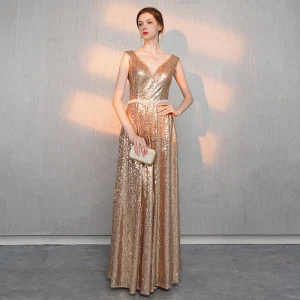 Sparkly Gull Paljetter Selskapskjoler 2018 Prinsesse V Hals Uten Ermer Beading Sash Lange Buste Ryggløse Formelle Kjoler