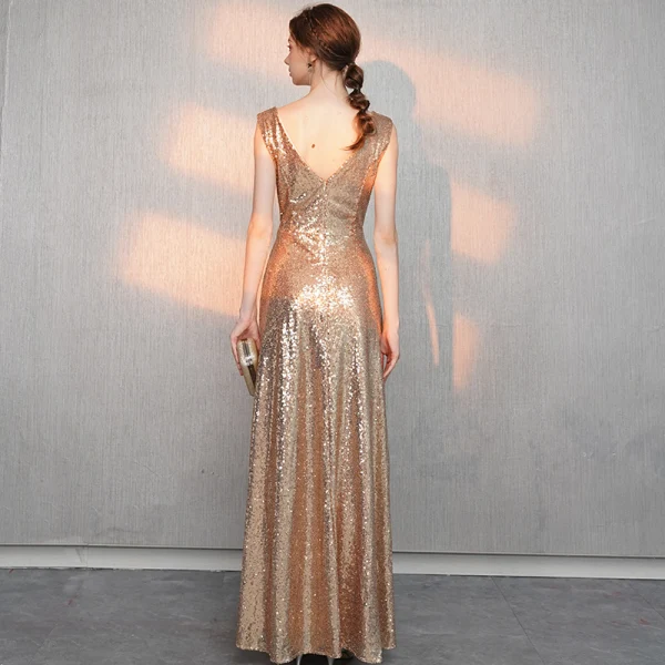 Scintillantes Doré Paillettes Robe De Soirée 2018 Princesse V-Cou Sans Manches Perlage Ceinture Longue Volants Dos Nu Robe De Ceremonie