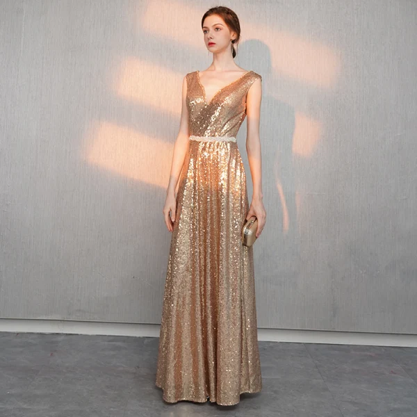 Scintillantes Doré Paillettes Robe De Soirée 2018 Princesse V-Cou Sans Manches Perlage Ceinture Longue Volants Dos Nu Robe De Ceremonie
