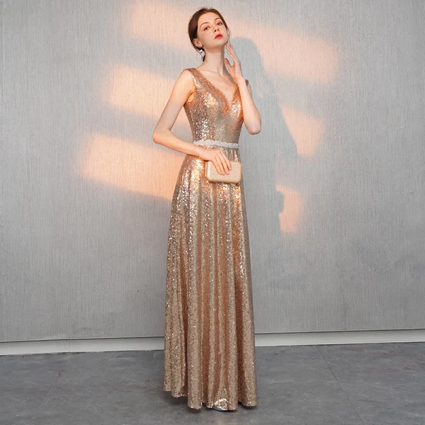 Scintillantes Doré Paillettes Robe De Soirée 2018 Princesse V-Cou Sans Manches Perlage Ceinture Longue Volants Dos Nu Robe De Ceremonie