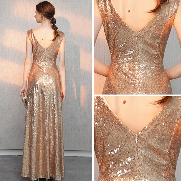 Scintillantes Doré Paillettes Robe De Soirée 2018 Princesse V-Cou Sans Manches Perlage Ceinture Longue Volants Dos Nu Robe De Ceremonie