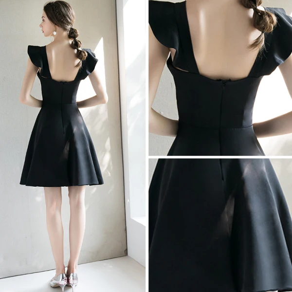 Chic / Belle Noire de retour Robe De Graduation 2018 Princesse Unique épaules Courte Volants Dos Nu Robe De Ceremonie