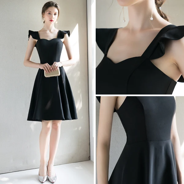 Chic / Belle Noire de retour Robe De Graduation 2018 Princesse Unique épaules Courte Volants Dos Nu Robe De Ceremonie