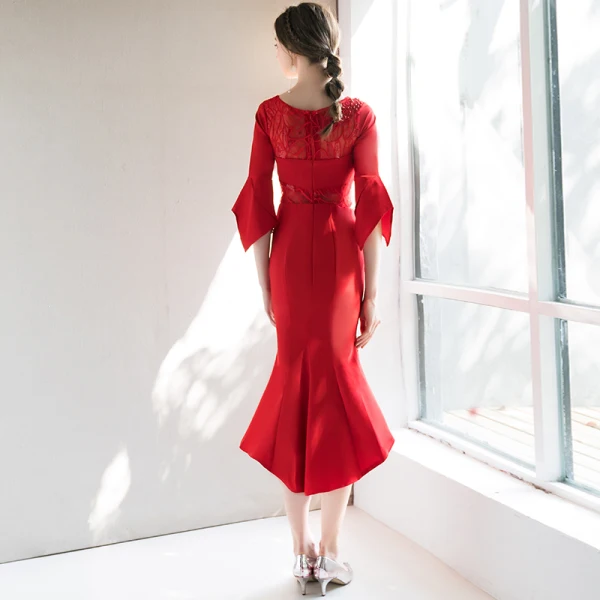 Elegant Red Evening Dresses 2018 Trumpet / Mermaid Scoop Neck 3/4 Sleeve Appliques Lace Rhinestone Pearl Asymmetrical Ruffle Formal Dresses