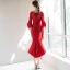 Elegant Red Evening Dresses  2018 Trumpet / Mermaid Scoop Neck 3/4 Sleeve Appliques Lace Rhinestone Pearl Asymmetrical Ruffle Formal Dresses