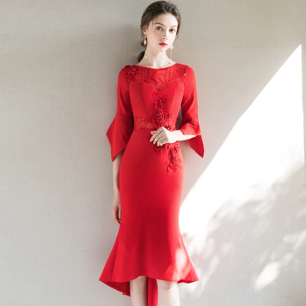 Elegant Red Evening Dresses 2018 Trumpet / Mermaid Scoop Neck 3/4 Sleeve Appliques Lace Rhinestone Pearl Asymmetrical Ruffle Formal Dresses