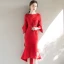 Elegant Red Evening Dresses  2018 Trumpet / Mermaid Scoop Neck 3/4 Sleeve Appliques Lace Rhinestone Pearl Asymmetrical Ruffle Formal Dresses