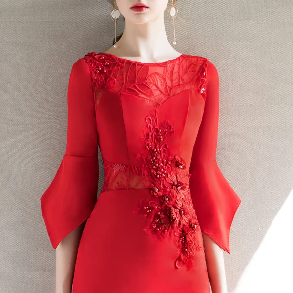 Elegant Red Evening Dresses 2018 Trumpet / Mermaid Scoop Neck 3/4 Sleeve Appliques Lace Rhinestone Pearl Asymmetrical Ruffle Formal Dresses